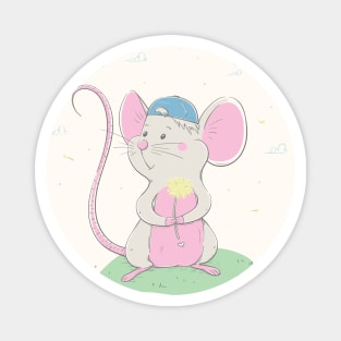 Lovely cute mouse in a cap holds a yellow flower Magnet